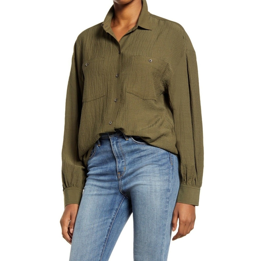 Treasure & Bond Nordstrom XS Pleated Sleeve Button-Up Shirt Green New Msrp $69.0